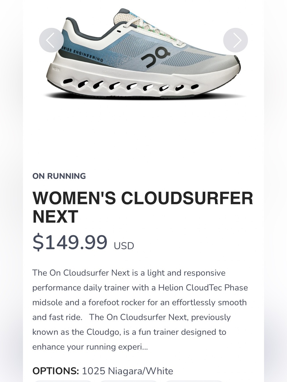 On Cloudsurfer Next Womens Size 10.5M 3WE30051025 New With Tag Niagara/White